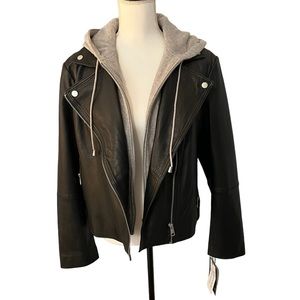 NWT Genuine Leather Moto Jacket with Detachable Hoodie - Luxurious Black -L